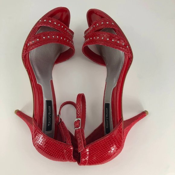 WHBM Jenevieve red leather strappy embellished sandal heels SZ 9 - Picture 9 of 12